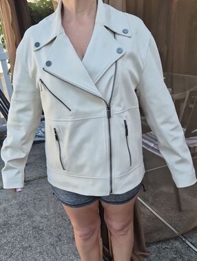 NWT Calvin Klein Cream Moto faux Suede  Jacket with Silver Hardware PTP 22"